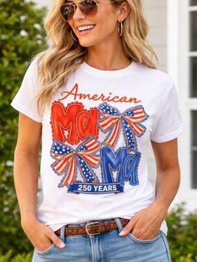 American Mama Graphic Tee 🇺🇸 Patriotic 4th of July Shirt Stars & Stripes Bow T